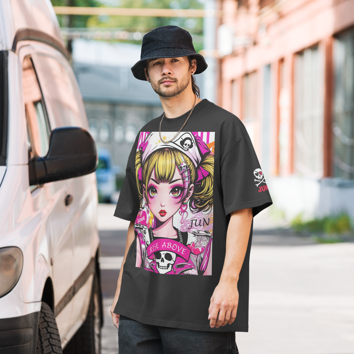 RISE ABOVE 02 – JUN ピンクスカルガール オーバーサイズTシャツ 2
