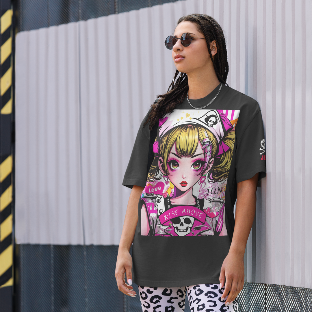 RISE ABOVE 02 – JUN ピンクスカルガール オーバーサイズTシャツ 2