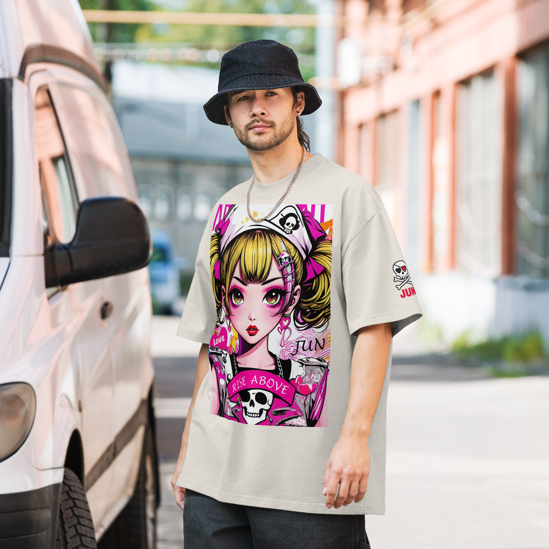 RISE ABOVE 02 – JUN ピンクスカルガール オーバーサイズTシャツ 1