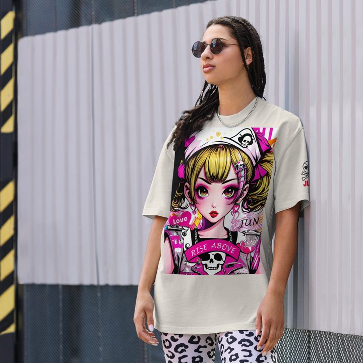 RISE ABOVE 02 – JUN ピンクスカルガール オーバーサイズTシャツ 1