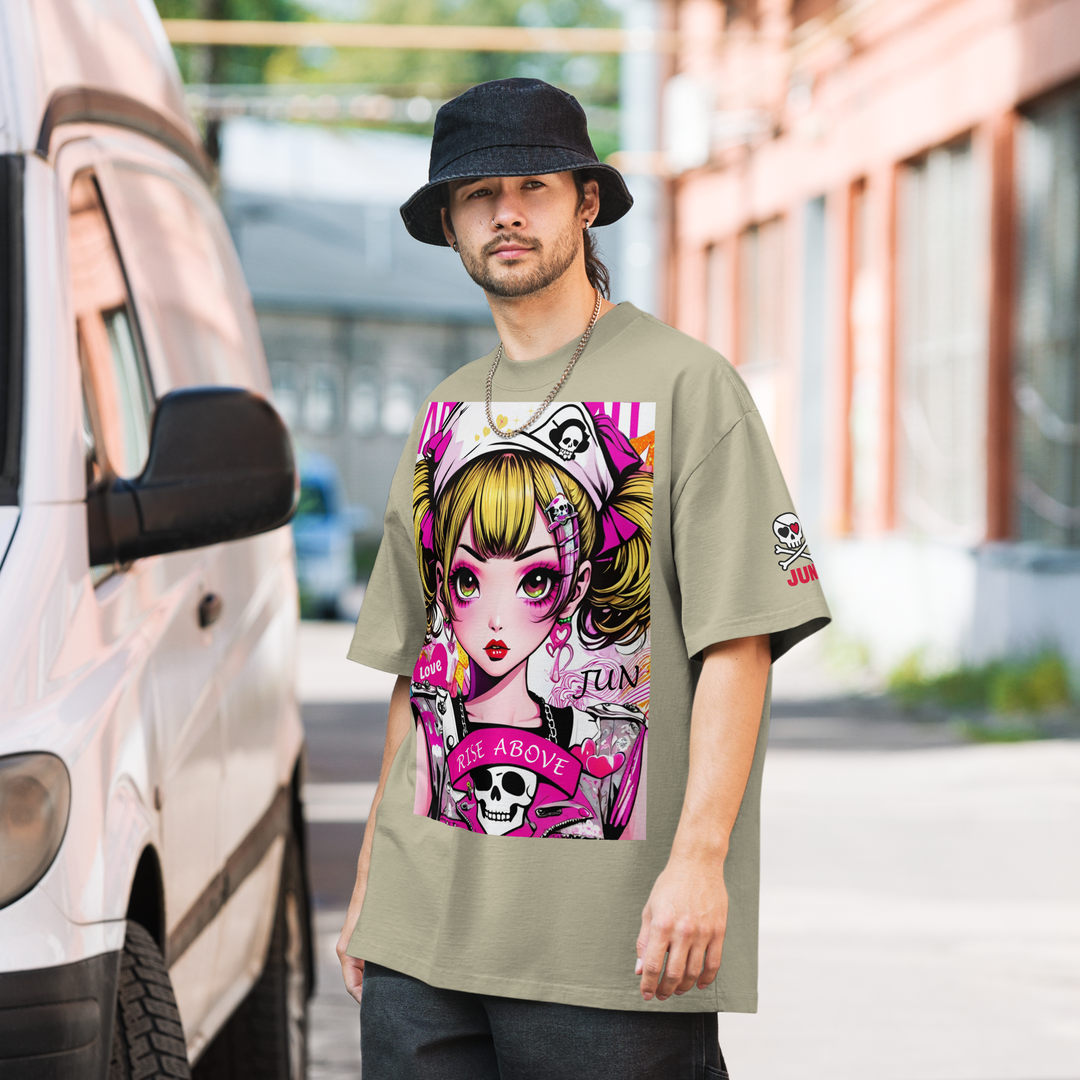 RISE ABOVE 02 – JUN ピンクスカルガール オーバーサイズTシャツ 1