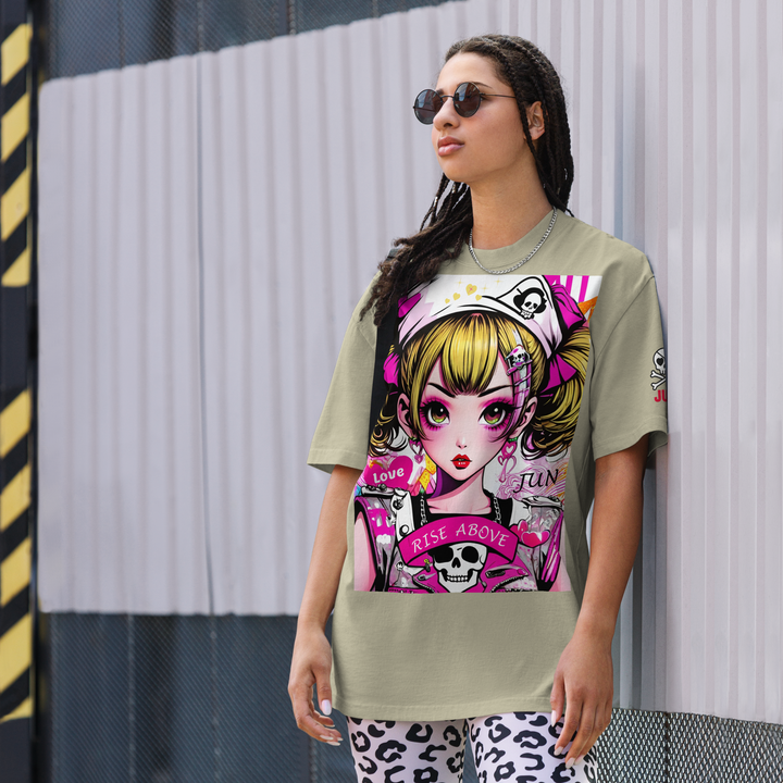 RISE ABOVE 02 – JUN ピンクスカルガール オーバーサイズTシャツ 1