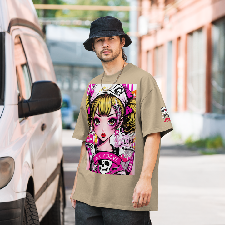 RISE ABOVE 02 – JUN ピンクスカルガール オーバーサイズTシャツ 1